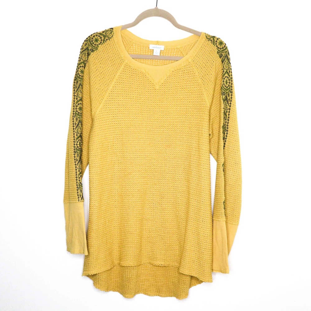 SUNDANCE Long Sleeve Thermal Top Size L Embroidered Sleeve Waffle Yellow